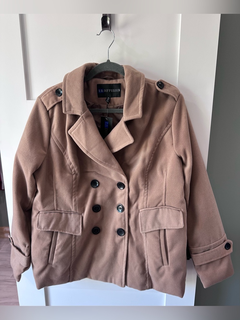 I.B Diffusion Women Beige Solid Pea Coat Double Breasted Button Pockets XL NWT